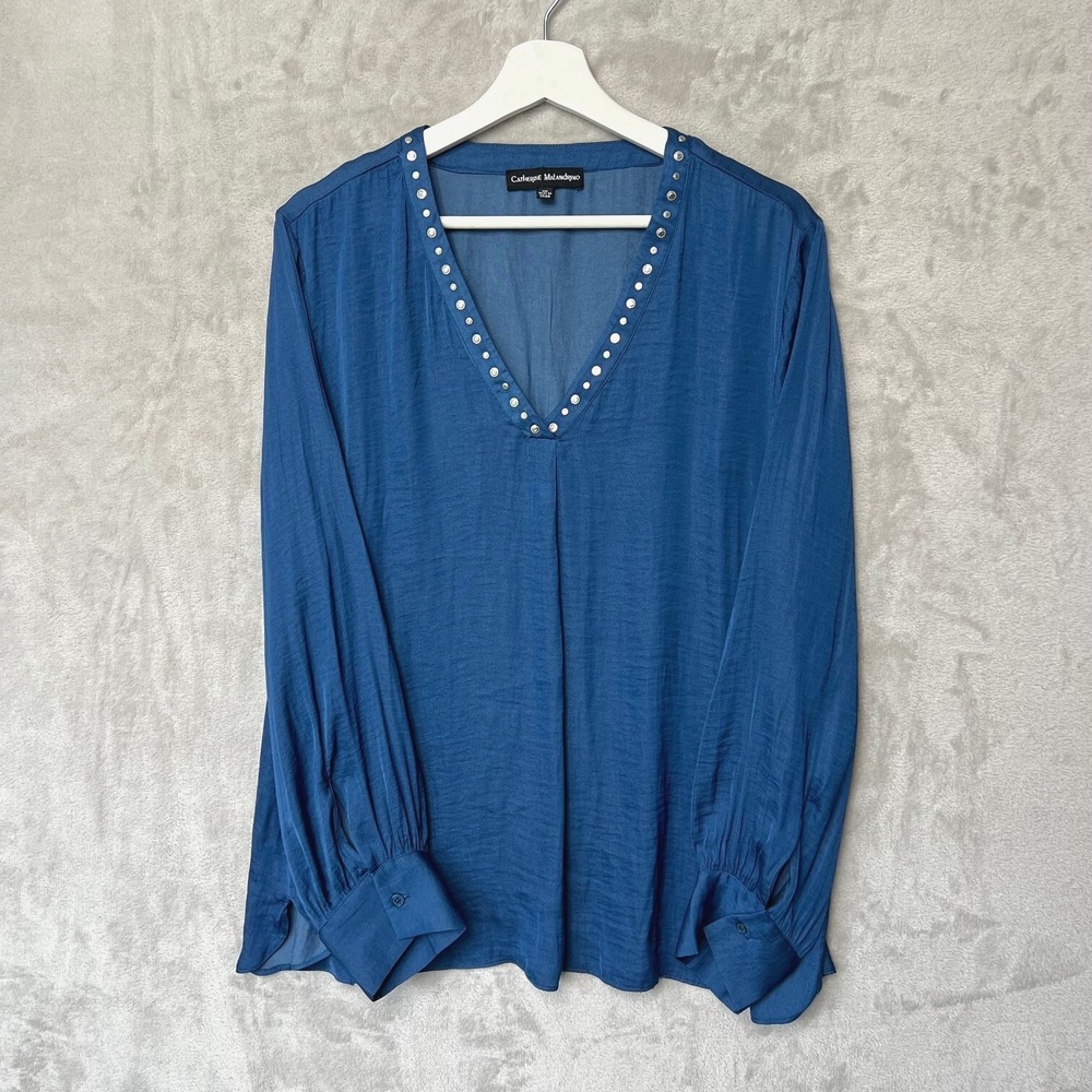 Catherine Malandrino Blouse Women XXL Top V-Neck Shirt Pullover Blue Satin